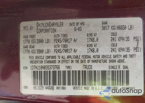 2003 Dodge Ram 1500 Slt/Laramie/St z USA, uszkodzony, nr VIN 1D7HU18N83S373766